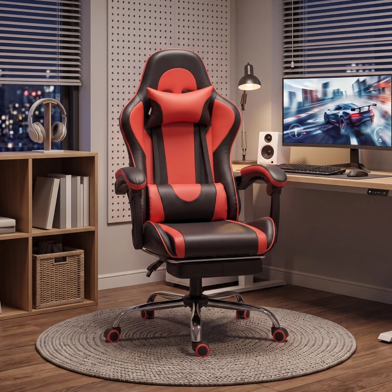 HOMCOM Ergonomischer Gaming-Stuhl mit Massage-Lendenkissen, Kunstleder, Fußstütze, Rosso