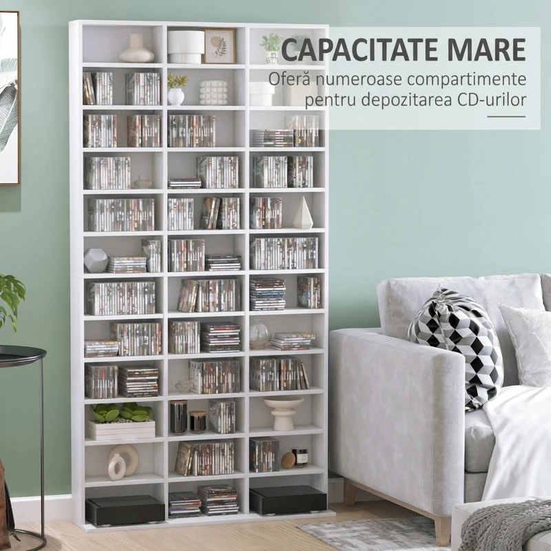 HOMCOM Bibliotecă pentru CD-uri din lemn cu 3 coloane și 12 rafturi reglabile, 102x23,5x195 cm, alb