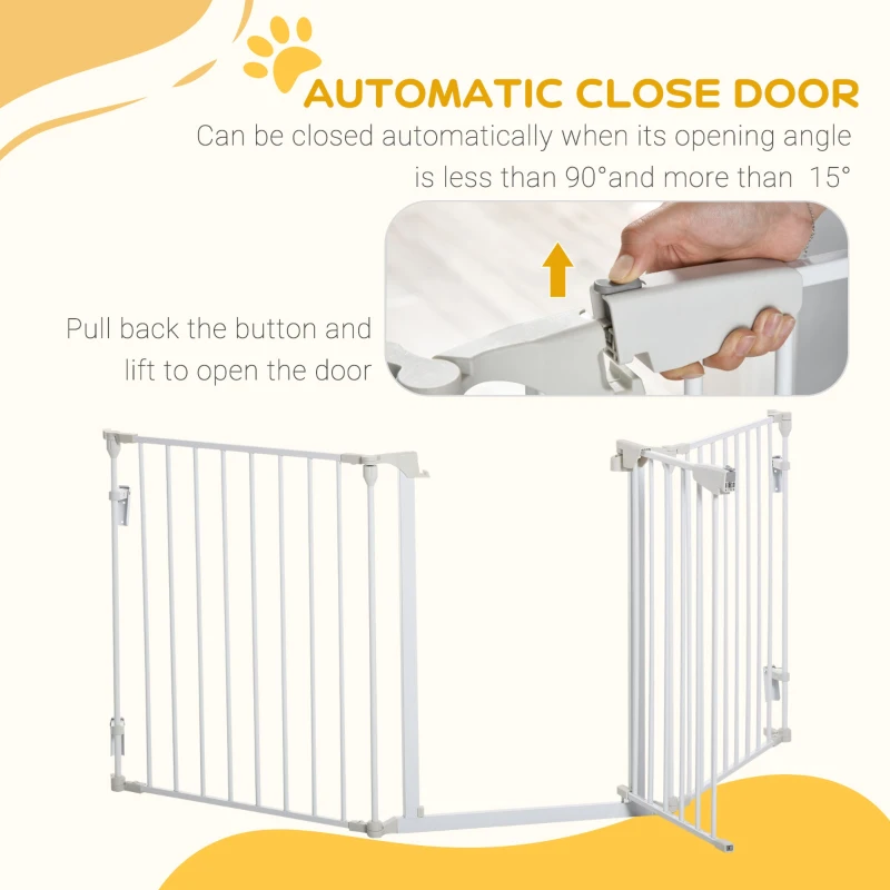 PawHut Pet Safety Gate, 3 Panels Playpen Fireplace, Foldable Metal Fence, Stair Barrier, Room Divider, Fire Guard w/ Automatic Closing Door, White