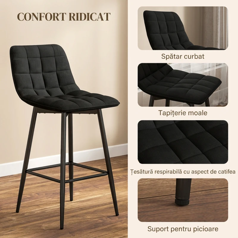 HOMCOM Set 2 Scaune de Bucătărie Stil Nordic din Material Textil cu Efect de Catifea și Metal, 45x47x84 cm, Negru