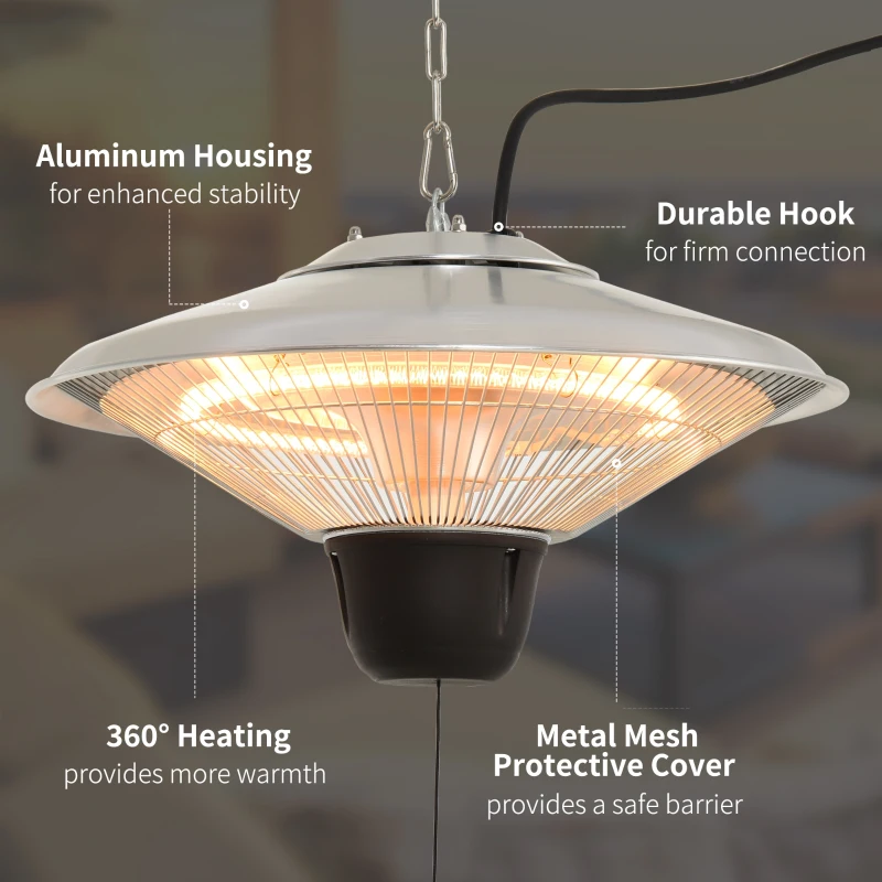 Outsunny 1500W Outdoor Heater Outdoor Ceiling Mounted Aluminium Halogen Electric Hanging  Heating Light Pull Switch Control