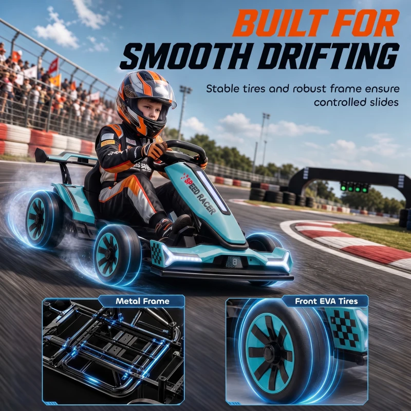 AIYAPLAY 24V Electric Go Kart for Kids 6-12 Years with Drift Mode, Adjustable Seat, 3 Speed, Slow Start, Light Blue