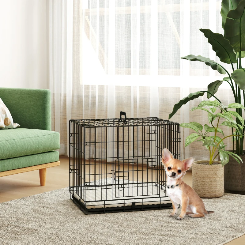 PawHut Jaula para Perros Plegable con Cojín Puertas Bandeja Extraíble y Marco de Alambre Metálico 60x45x50 cm Negro y Beige