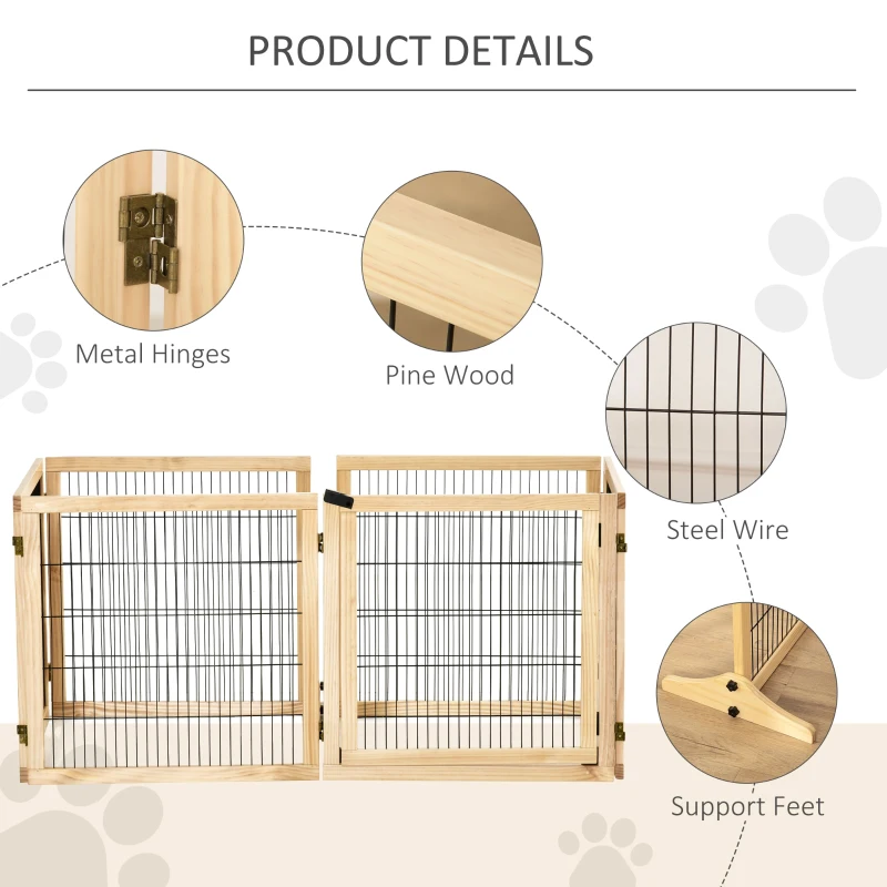 PawHut Wooden Pet Gate, Freestanding Dog Security Barrier with Two Support Feet - Natural Tone