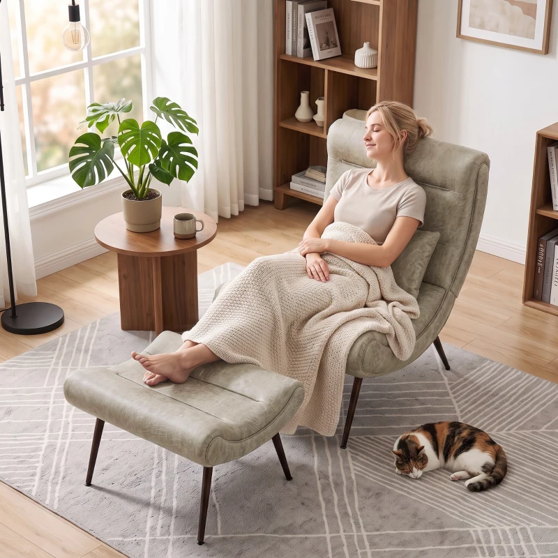 HOMCOM Sillón con Reposapiés Asiento Ancho Cojín Lumbar y Respaldo Curvo Tapizado en Leathaire Patas de Acero Blanco Crema