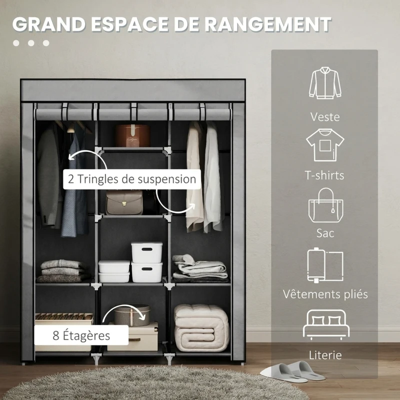 HOMCOM Armoire penderie multi-rangement - 8 étagères, 2 barres - non tissé gris clair