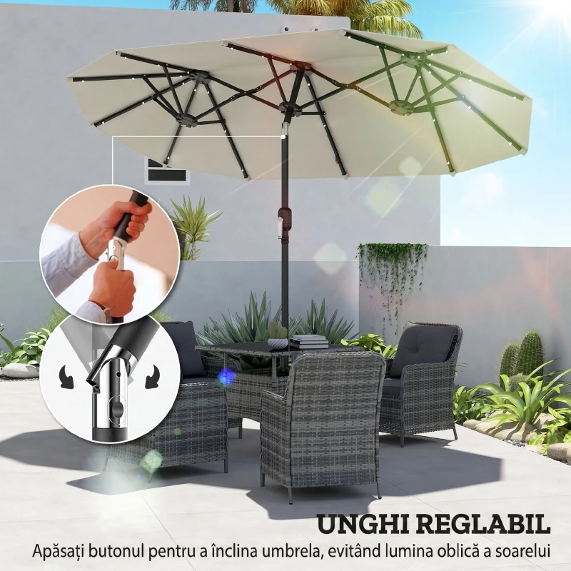 Outsunny Umbrelă Dublă cu Lumini LED și Manivelă, din Poliester și Oțel, 2.92x1.5x2.2 m, Bej