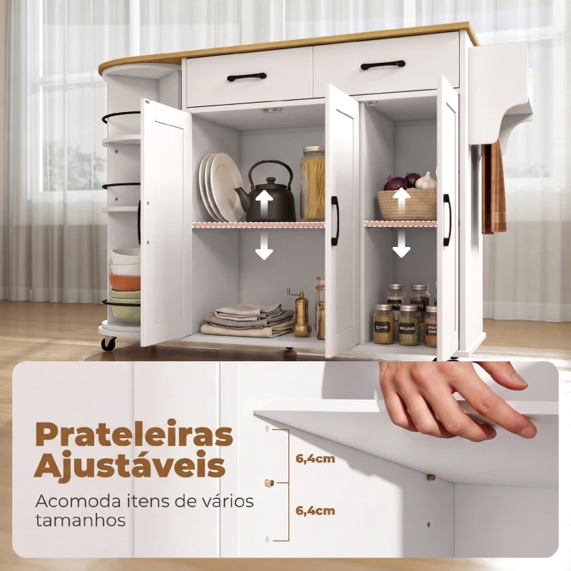 HOMCOM Ilha de Cozinha com 5 Rodas, Tampo Extensível, 3 Prateleiras Giratórias 360°, 2 Gavetas, 3 Portas e Toalheiro, Branco