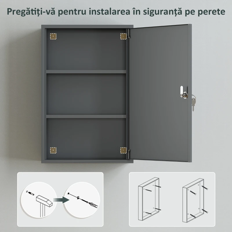 kleankin Dulap pentru medicamente cu 3 niveluri din metal, cu 2 chei și montare pe perete, 40 x 18 x 60 cm, gri