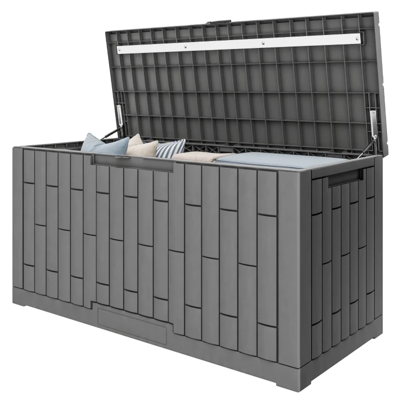 Outsunny Außen-Aufbewahrungsbox 379 L abschließbar mit Gasdruckfeder, Holzoptik, 122,5x56x62cm, Grau
