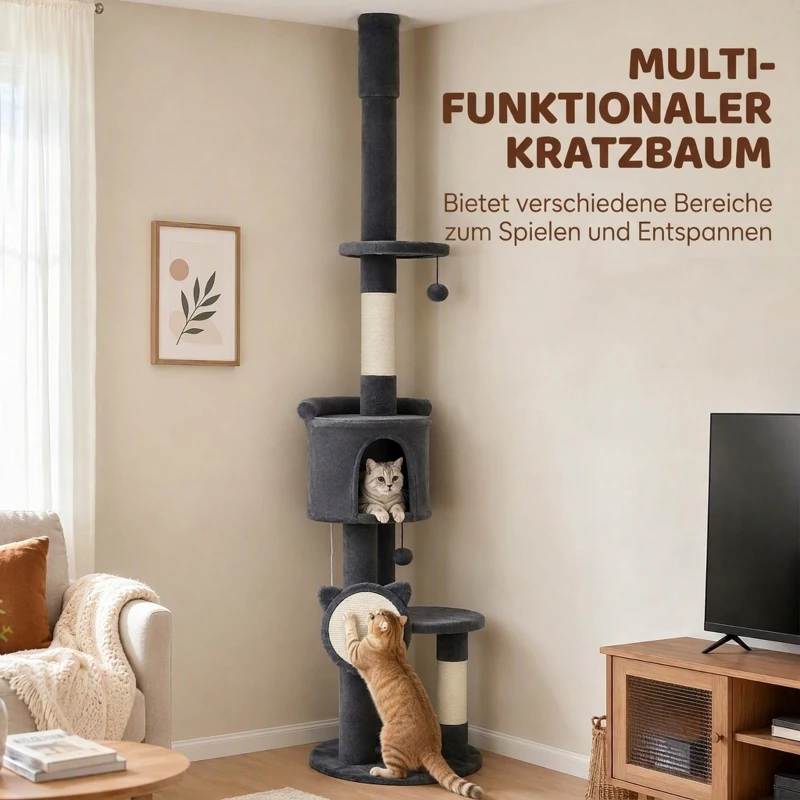 PawHut Drapak sięgający sufitu 225–255 cm regulowana wysokość Drapak dla kota 5 poziomów słupki sizalowe, deska do drapania, hamak