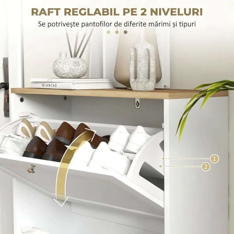 HOMCOM Pantofar Slim cu 2 Uși Rabatabile, Rafturi Reglabile și Detașabile, pentru 8-12 Perechi, 60x23,5x80 cm, Alb
