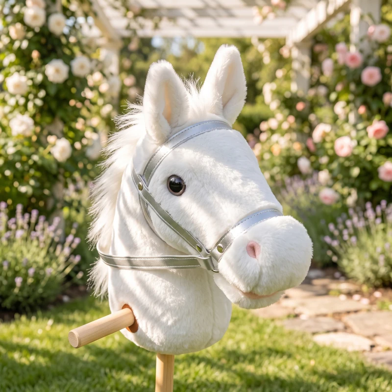 AIYAPLAY Cabeza de Caballo con Palo de Madera con Ruedas Sonidos de Cascos y Relinchos Asas de Agarre 95 cm Blanco