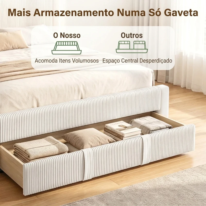 HOMCOM Cama Estofada 140x200 cm com Cabeceira Acolchoada, Gaveta de Arrumação e Ripas de Madeira, Bege