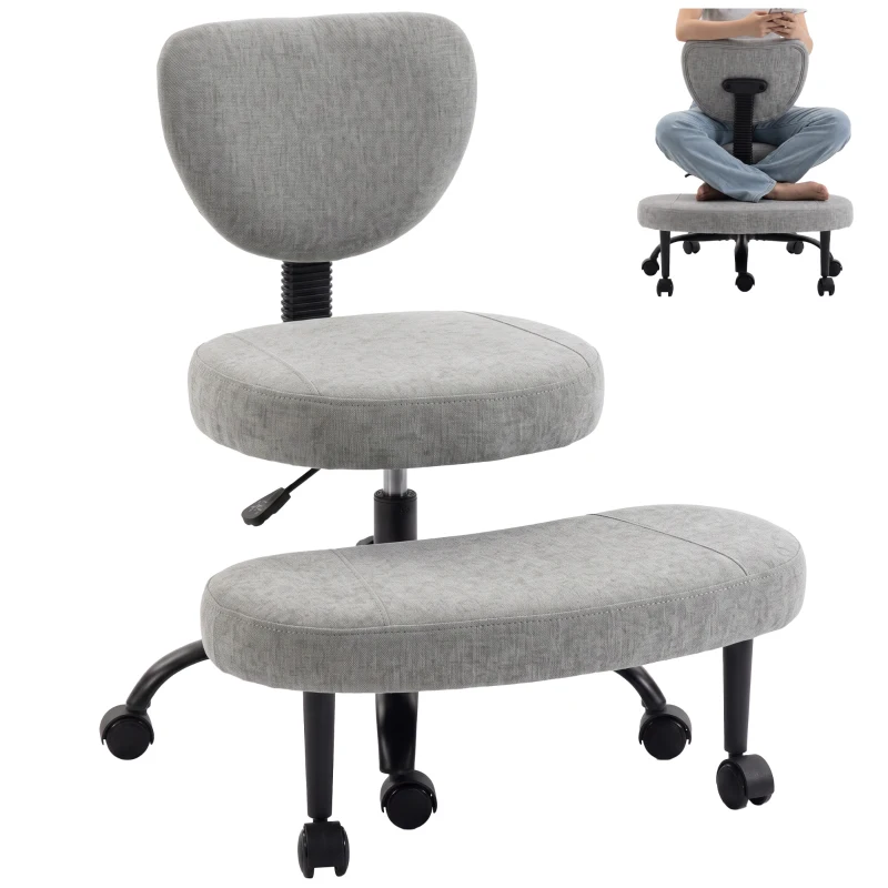 HOMCOM Scaun de birou ergonomic pentru picioare încrucișate rotativ 360° roți PU înălțime reglabilă pentru TDAH meditație gri