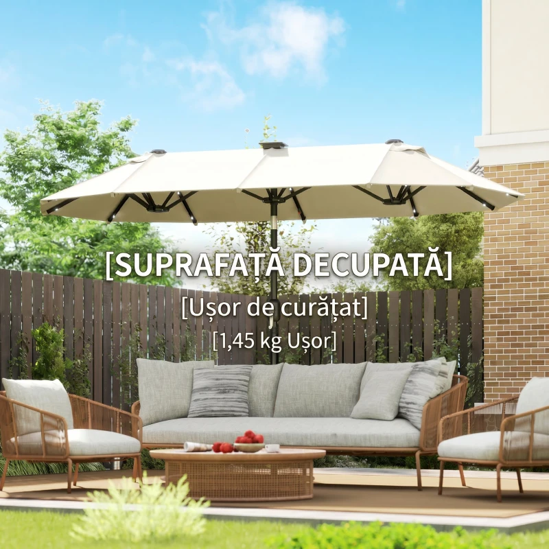 Outsunny Umbrelă Dublă cu Lumini LED și Manivelă, din Poliester și Oțel, 2.92x1.5x2.2 m, Bej