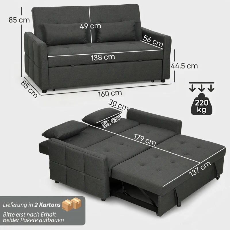 HOMCOM Canapé-lit 2 places, canapé 3-en-1 extensible avec dossier réglable, large assise, Gris foncé