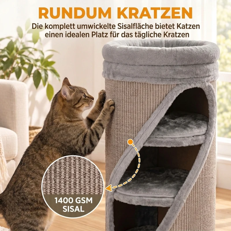 PawHut Kattenkrabton 75 cm hoog, Ø 35 cm, 4 niveaus, met 3 schuilplaatsen, afneembaar wasbaar pluche bed en sisal kraboppervlak