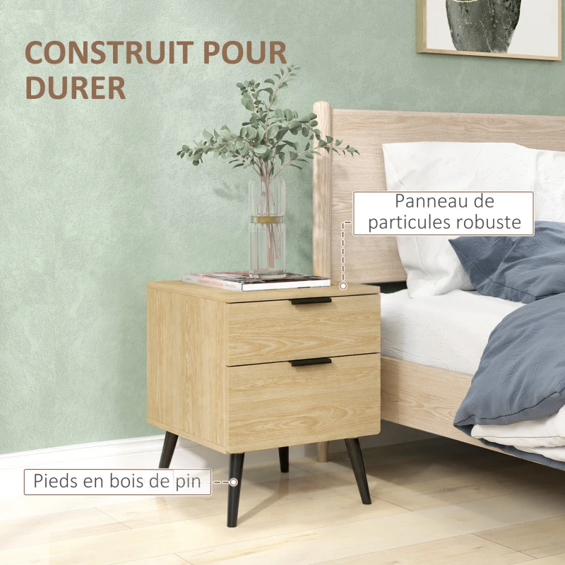 HOMCOM Lot de 2 tables de chevet table de nuit style nordique moderne avec tiroir à deux niveaux 40 x 40 x 50 cm chêne