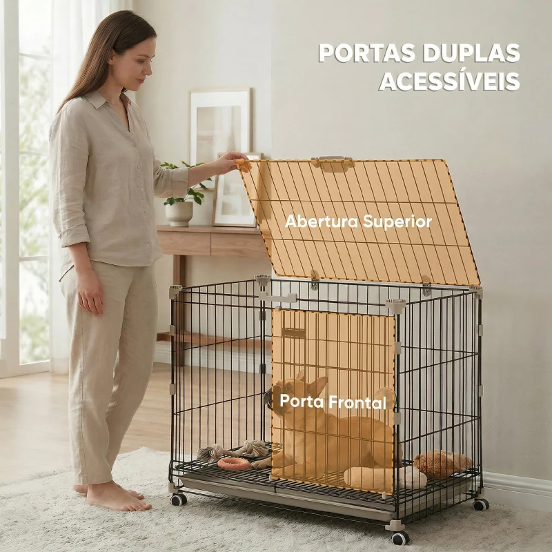PawHut Jaula para Cães Dobrável com Rodas, Bandeja Extraível, Porta Deslizante e Teto Rebatível, 75,5x46x64,5 cm, Preto