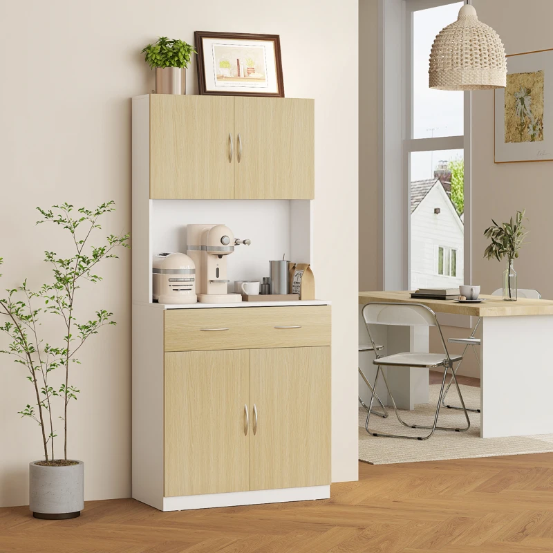 HOMCOM Dulap Înalt de Bucătărie cu 2 Uși, Sertar, Bufet Înalt din Lemn cu Rafturi Reglabile, 80x40x180 cm, Lemn Natural