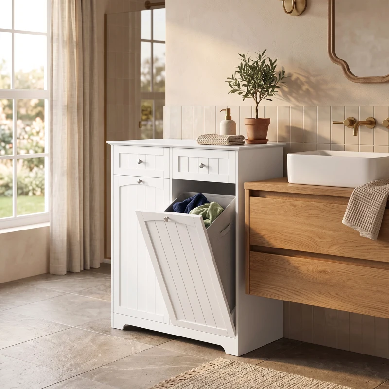 HOMCOM Vrijstaande smalle badkamerkast met lades en wasmand, 78 x 38 x 90 cm, wit