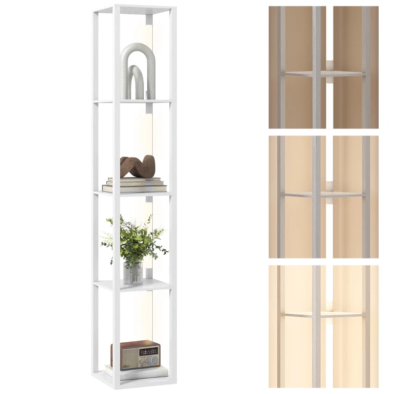 HOMCOM Lampă de podea LED cu rafturi, lampă modernă reglabilă cu 3 trepte de luminozitate și comutator pe picior, Alb