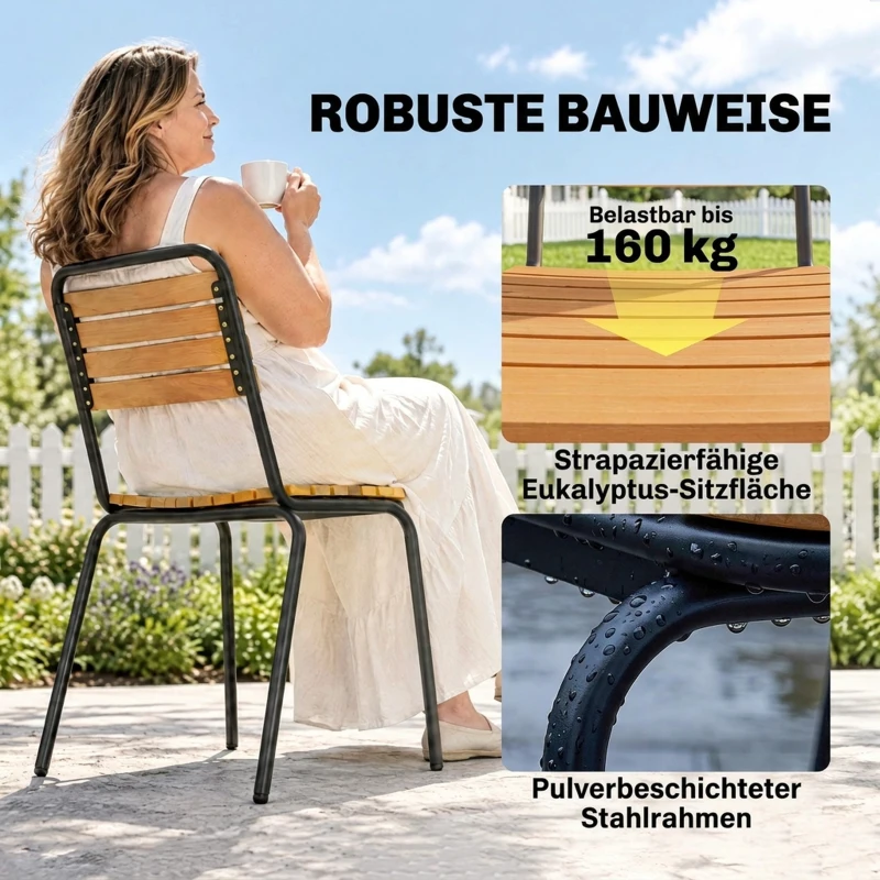 Outsunny Gartenstuhl 2er Set wetterfest Gartenstühle aus Stahl und Holz Stapelstuhl mit Rückenlehne bis 160kg belastbar Naturholz