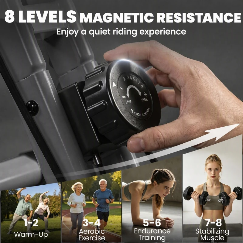 SPORTNOW 4-In-1 Folding Exercise Bike with Resistance Bands, Bluetooth App, 8-Level Magnetic Resistance, LCD Display, Grey