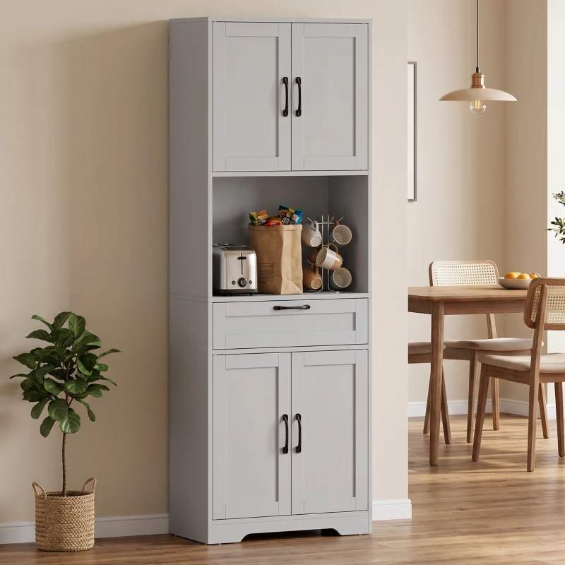 HOMCOM 170 cm Tall Kitchen Pantry with Adjustable Shelves, Freestanding Storage Cabinet with Open Shelf, Grey
