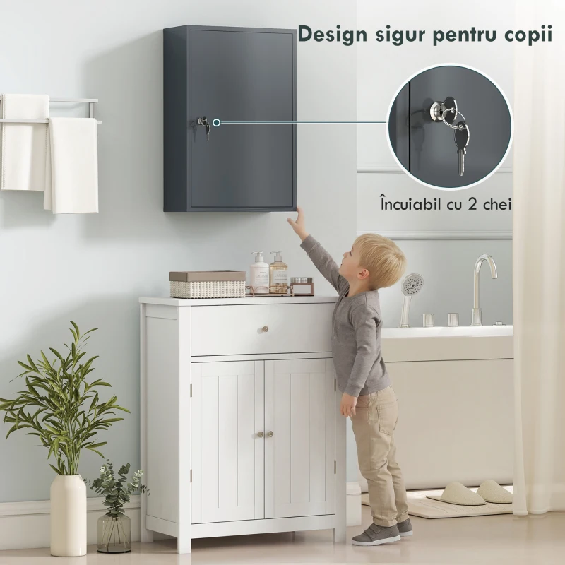 kleankin Dulap pentru medicamente cu 3 niveluri din metal, cu 2 chei și montare pe perete, 40 x 18 x 60 cm, gri