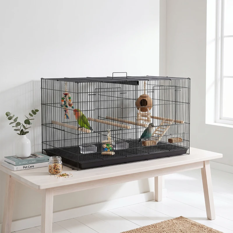 PawHut Bird Cage with Divider, 4 Wooden Perches, Slide Out Tray, 4 Feeders, for Budgie, Lovebird, Canary, 76 x 46 x 46cm, Black