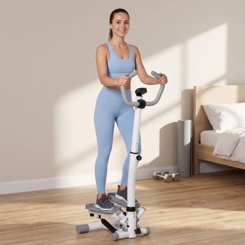 HOMCOM Stepper cu Monitor LCD, Maner Reglabil și Elastice, din Oțel și ABS, Alb și Gri