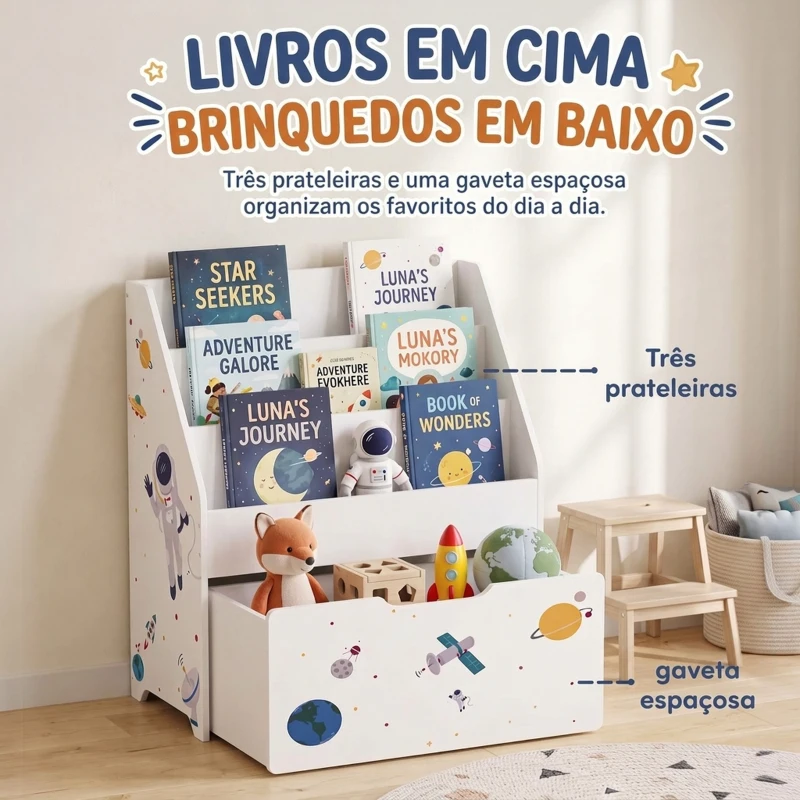 AIYAPLAY Estante Infantil com Gaveta Móvel e 3 Prateleiras, Tema Espaço, Montessori, 3-8 Anos, Branco