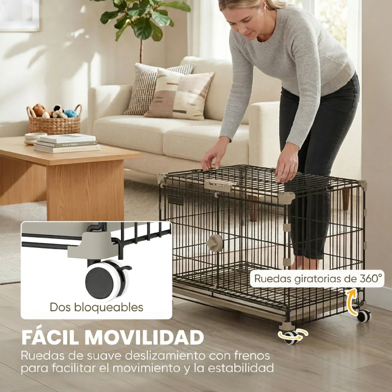 PawHut Jaula para Perros Plegable con Ruedas y Bandeja Extraíble Puerta Deslizante Techo Abatible 60,5x45,5x54,5 cm Negro