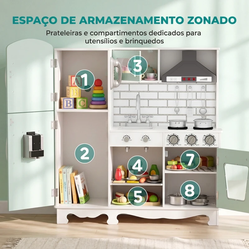 AIYAPLAY Cozinha de Madeira com Luzes e Sons, Exaustor, Dispensador de Água, Máquina de Café, Frigorífico e Forno