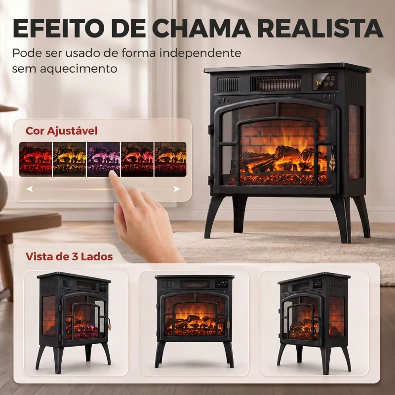 HOMCOM Lareira Elétrica 1000/2000 W com Efeito de Chama 3D Vista em 3 Lados Termóstato Wi-Fi 5 Cores e Temporizador 12 h Preta