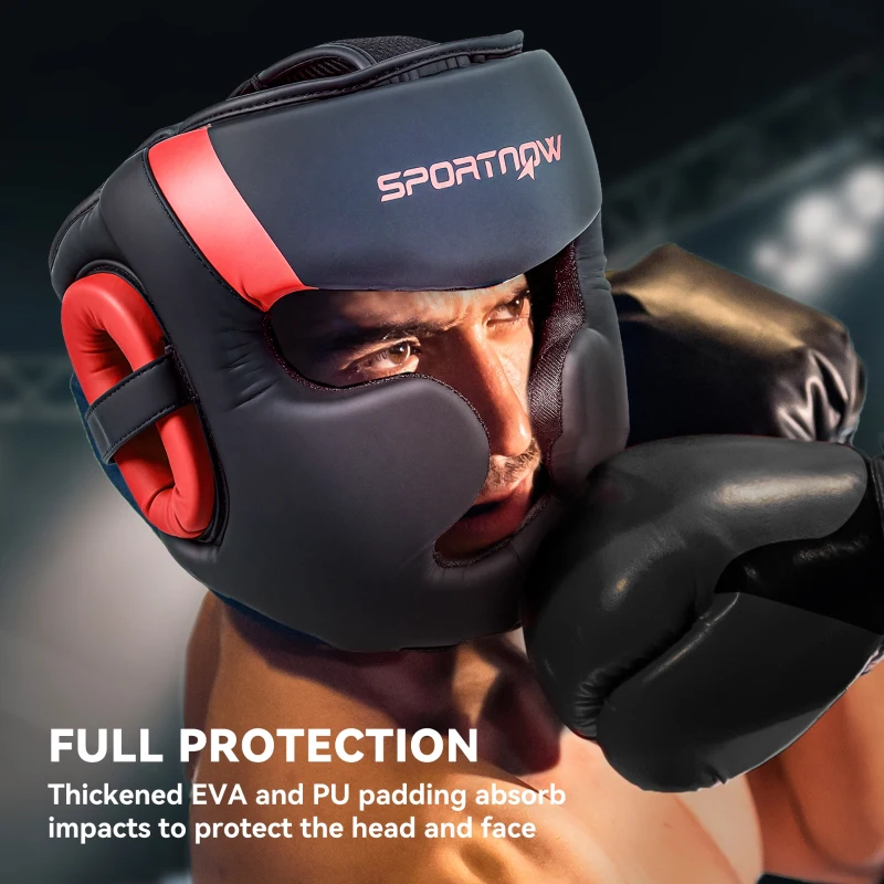 SPORTNOW Boxing Headguard w/ Adjustable Strap for Sparring, Kickboxing, MMA, Red/Black