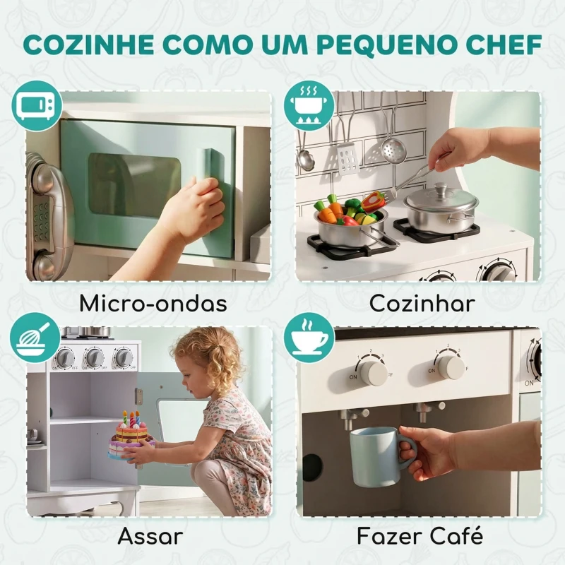 AIYAPLAY Cozinha de Madeira com Luzes e Sons, Exaustor, Dispensador de Água, Máquina de Café, Frigorífico e Forno