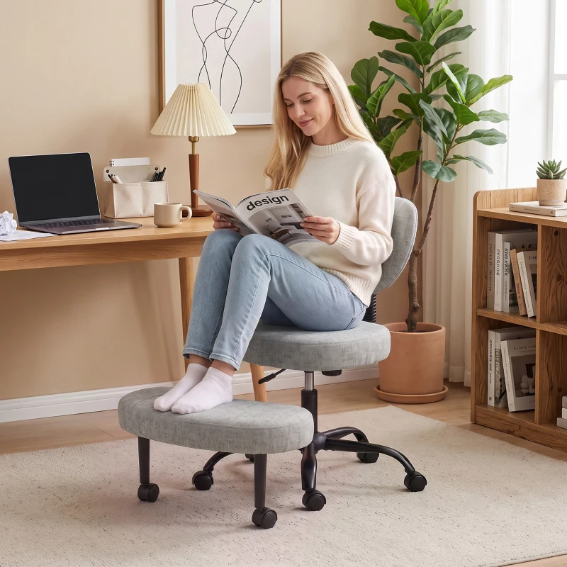 HOMCOM Scaun de birou ergonomic pentru picioare încrucișate rotativ 360° roți PU înălțime reglabilă pentru TDAH meditație gri