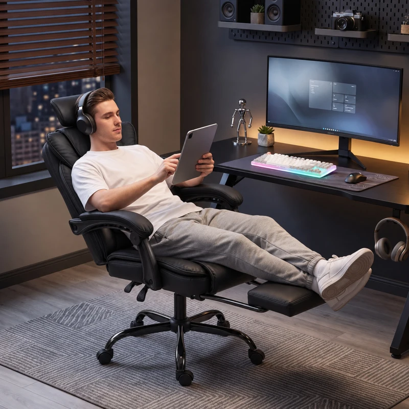 HOMCOM Scaun Gaming Ergonomic, Fotoliu Gaming Înclinabil din Piele Sintetică, Înălțime Reglabilă, Suport Cap 2D, Negru
