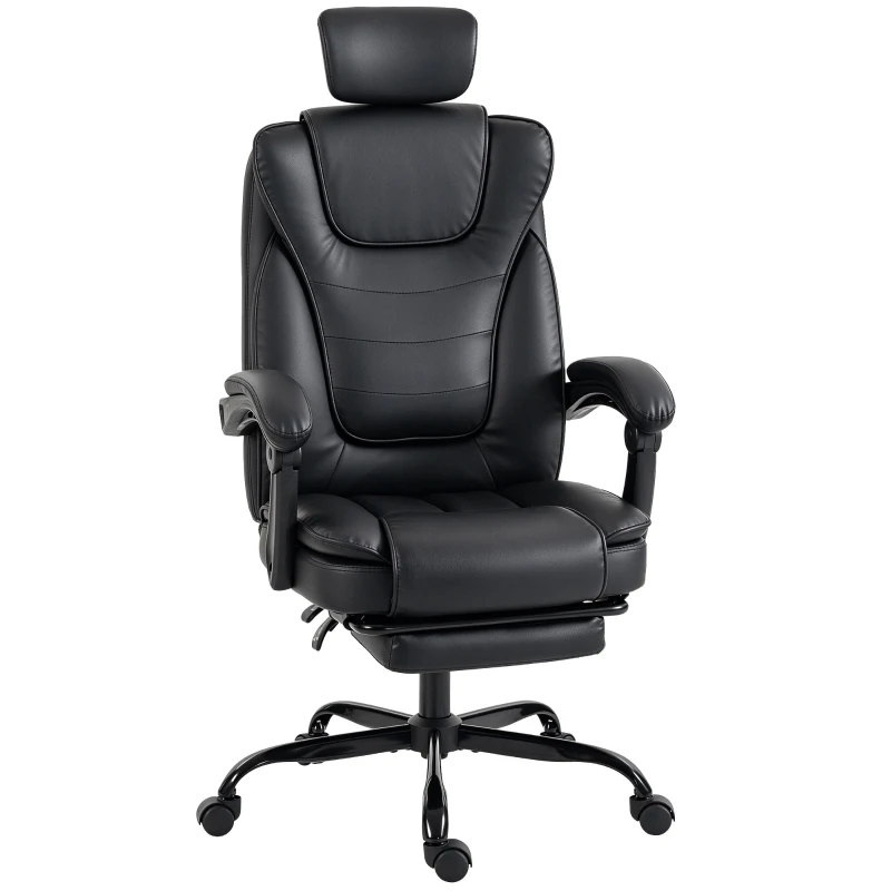 HOMCOM Scaun Gaming Ergonomic, Fotoliu Gaming Înclinabil din Piele Sintetică, Înălțime Reglabilă, Suport Cap 2D, Negru
