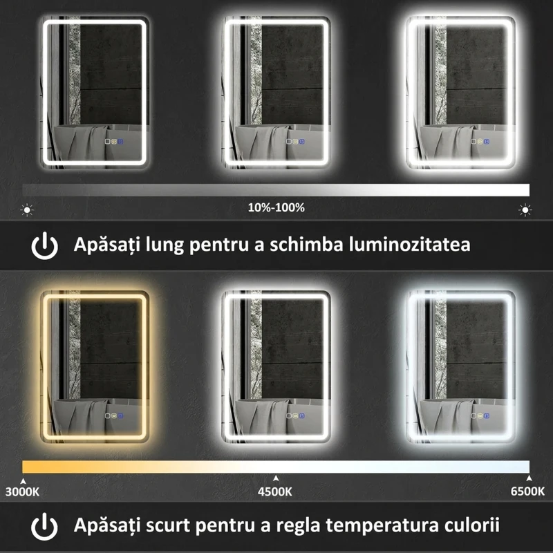 HOMCOM Oglindă de baie LED cu Bluetooth, iluminare reglabilă și funcție de memorie, din sticlă securizată, 70x50x3,5 cm