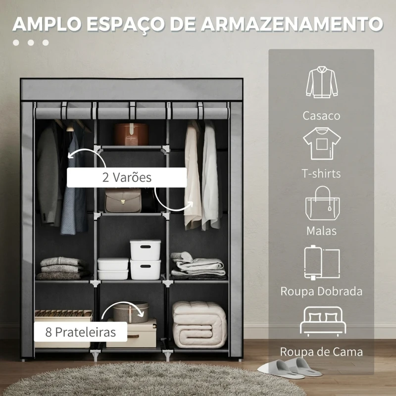 HOMCOM Roupeiro de Tecido Dobrável com 8 Prateleiras de Armazenamento e 2 Barras de Pendurar 125x43x162,5cm Cinza Claro