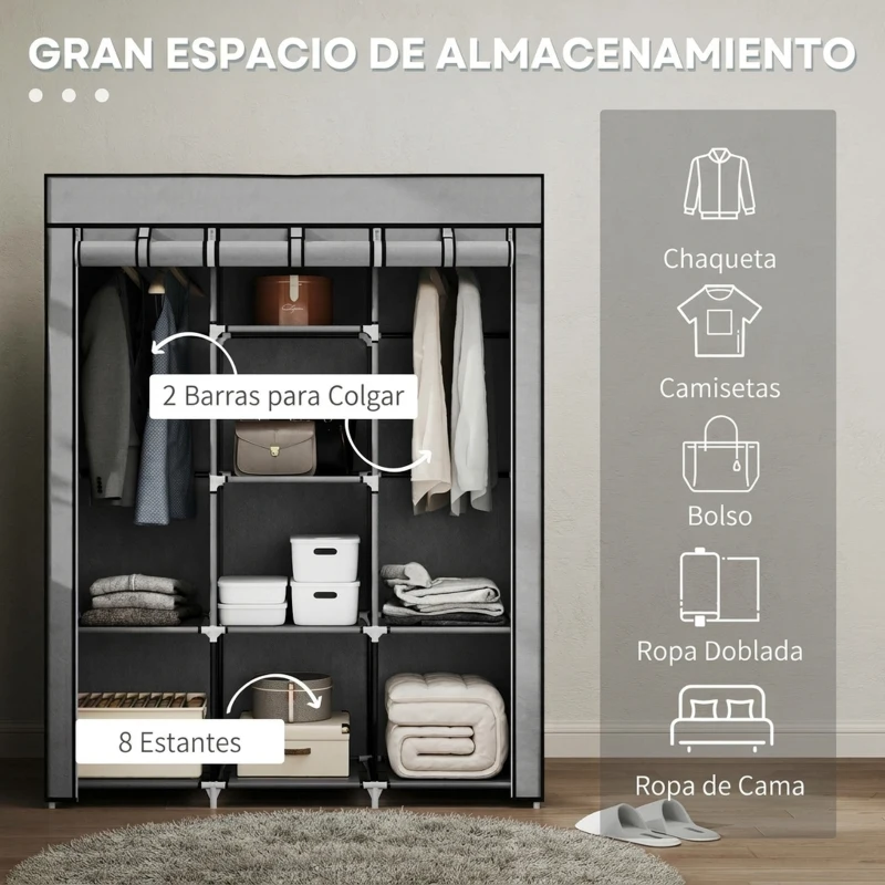 HOMCOM Armario de Tela Plegable Ropero Portátil con 8 Estantes y 2 Barras de Colgar para Dormitorio 125x43x162,5 cm Gris