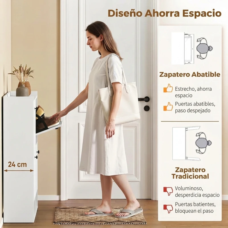 HOMCOM Zapatero Recibidor Entrada con 4 Cajones Abatibles y Estante Abierto Estantes Ajustables Encimera hasta 16 Pares Blanco