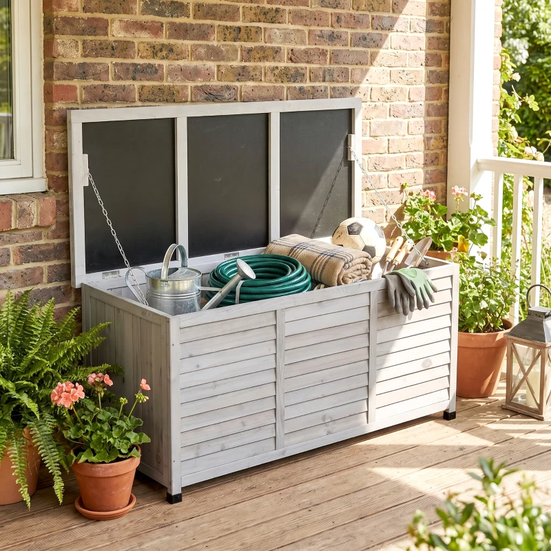 Outsunny Baule da Esterno in Legno di Abete con Base Rialzato e Coperchio, Cassapanca Contenitore da Esterno Impermeabile, 127x56x60 cm, Grigio
