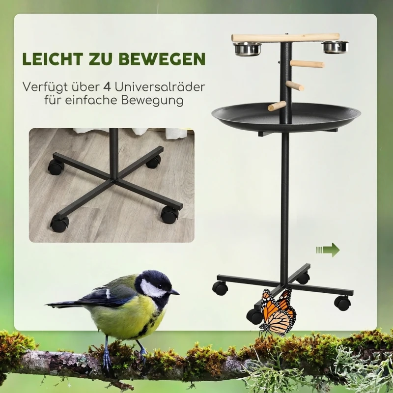 PawHut Vogelspielständer, tragbare Papageien-Sitzstange mit vier Rädern, Edelstahlschalen rundem Tablett