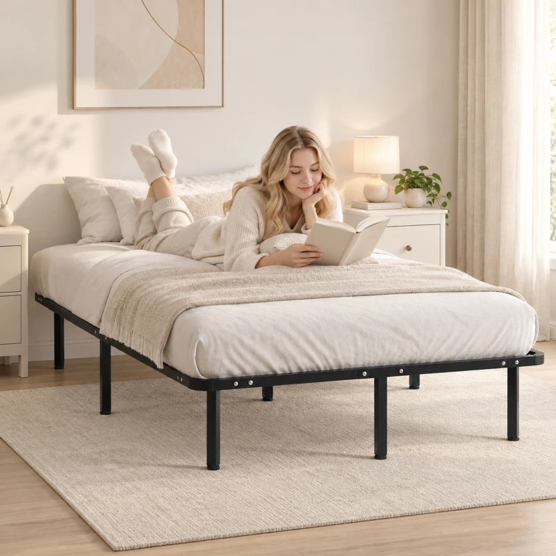 HOMCOM Cama de Casal Industrial a 28 Ripas com Espaço de Armazenamento em Madeira e Aço 120x190x31 cm Preto e Madeira