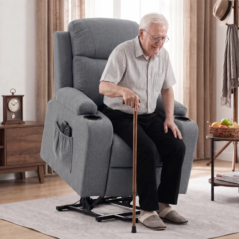 HOMCOM Riser Recliner Chair with Massage and Heat, Linen Electric Lift Armchair for Elderly with Spring Cushion, Dark Grey